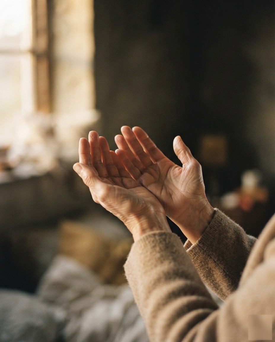 Open hands raised in dua at dawn with soft golden light