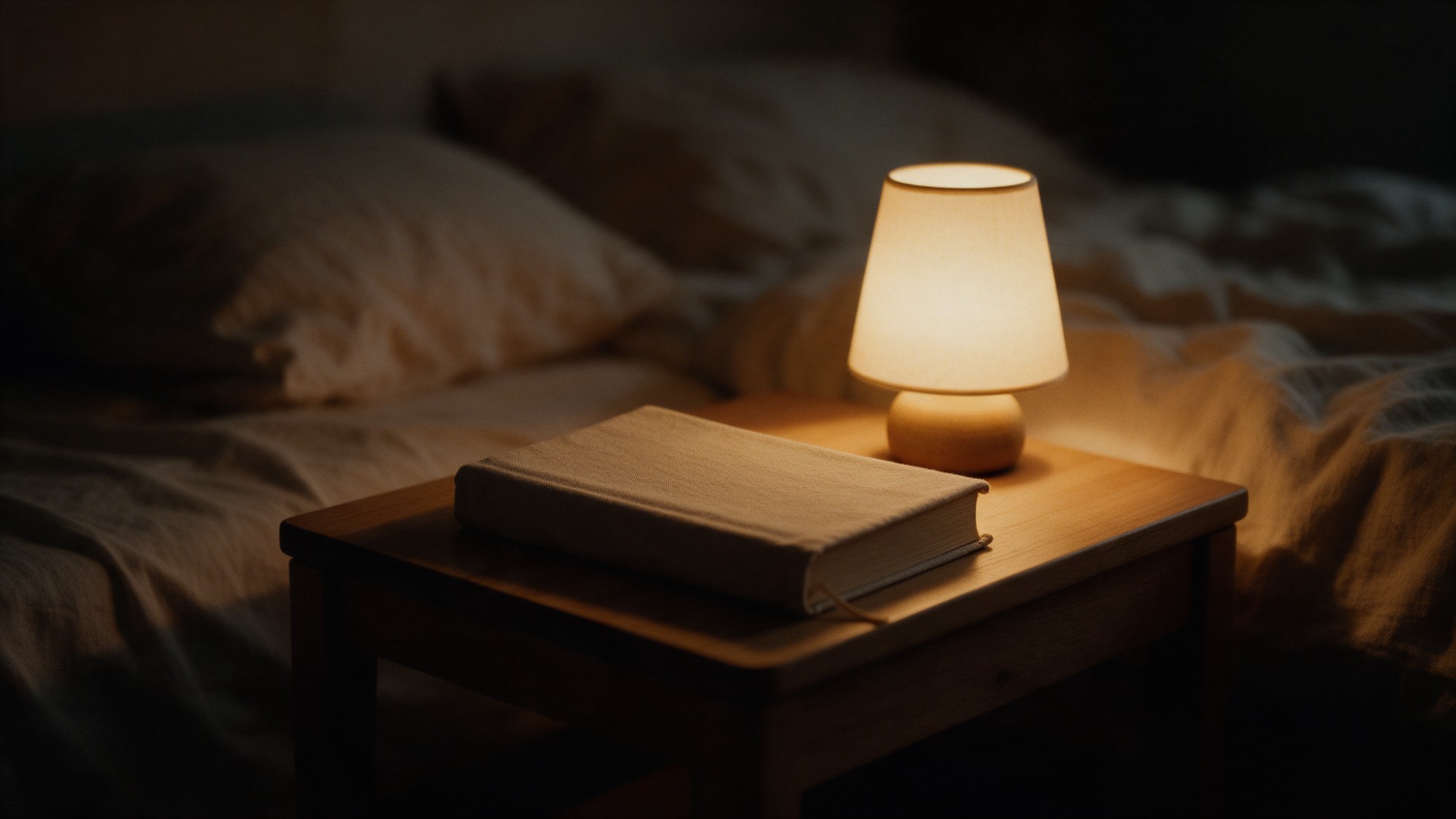 A bedside lamp beside an open Quran at night