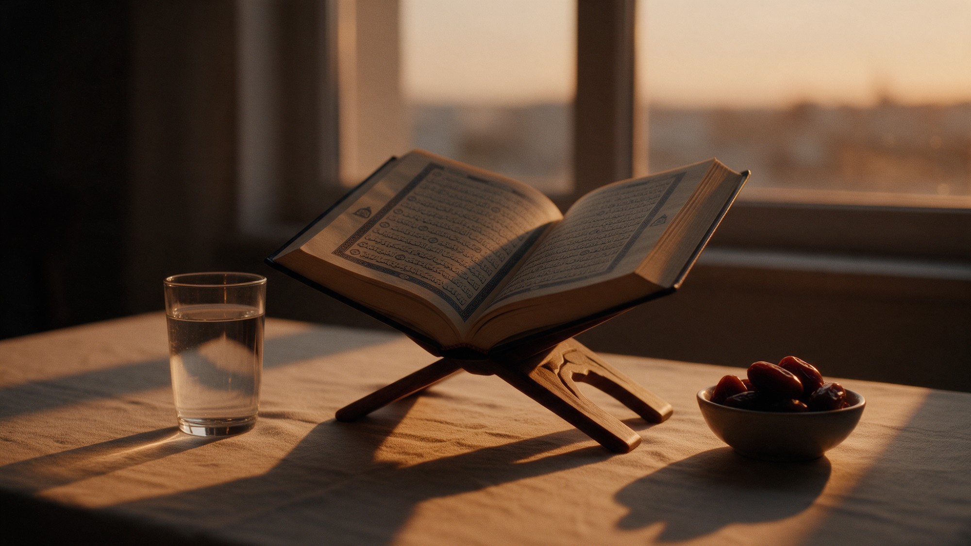 Open Quran on a wooden stand beside a window at dusk