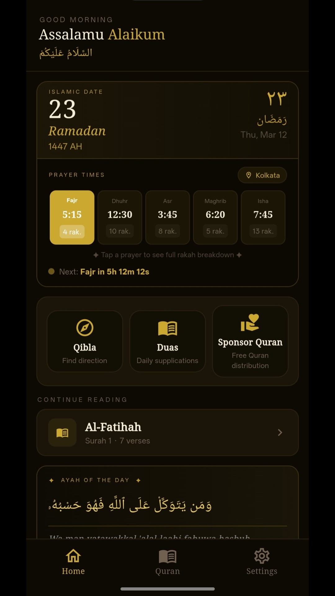 Get Quran home screen with prayer times and Islamic date